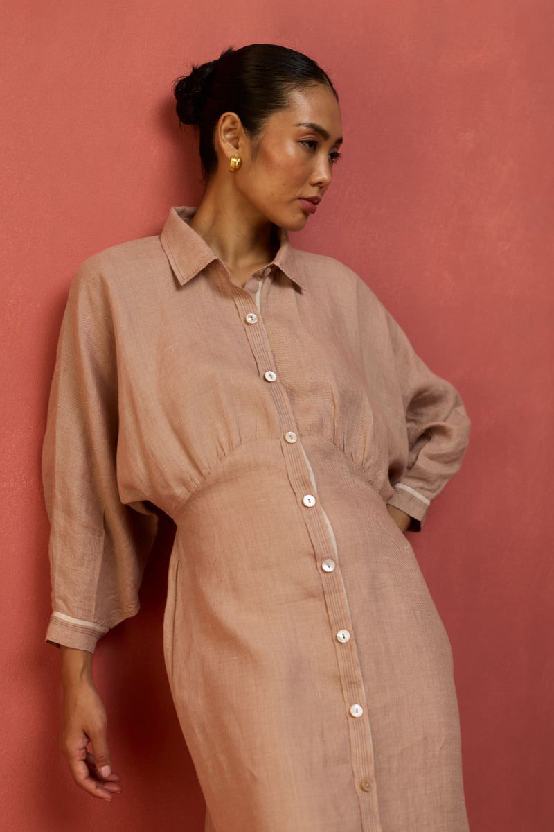 Masaru Buttoned Linen Dress - Dusty Rose linen by Manan in blush color for women in Singapore