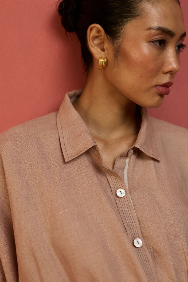 Masaru Buttoned Linen Dress - Dusty Rose linen by Manan in blush color for women in Singapore
