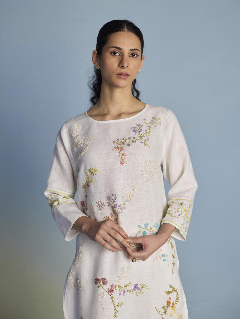 Emra Hand-Embroidered Linen Kurta Set - White linen by Manan in white color for women in Singapore
