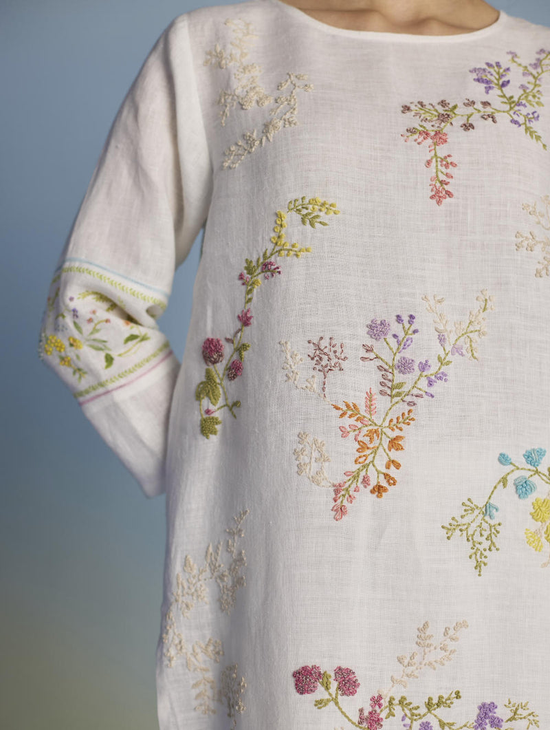 Emra Hand-Embroidered Linen Kurta Set - White linen by Manan in white color for women in Singapore