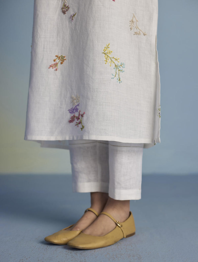 Emra Hand-Embroidered Linen Kurta - White linen by Manan in white color for women in Singapore