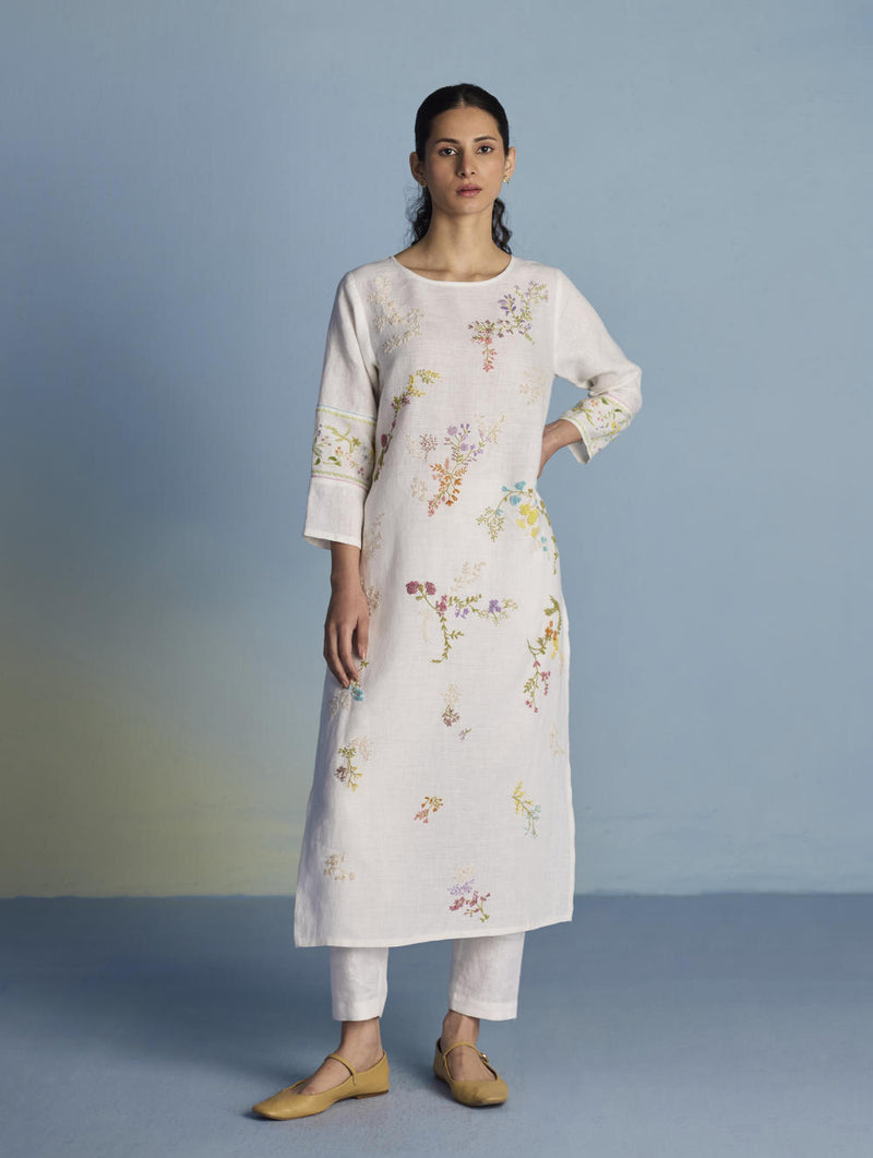 Emra Hand-Embroidered Linen Kurta Set - White linen by Manan in white color for women in Singapore