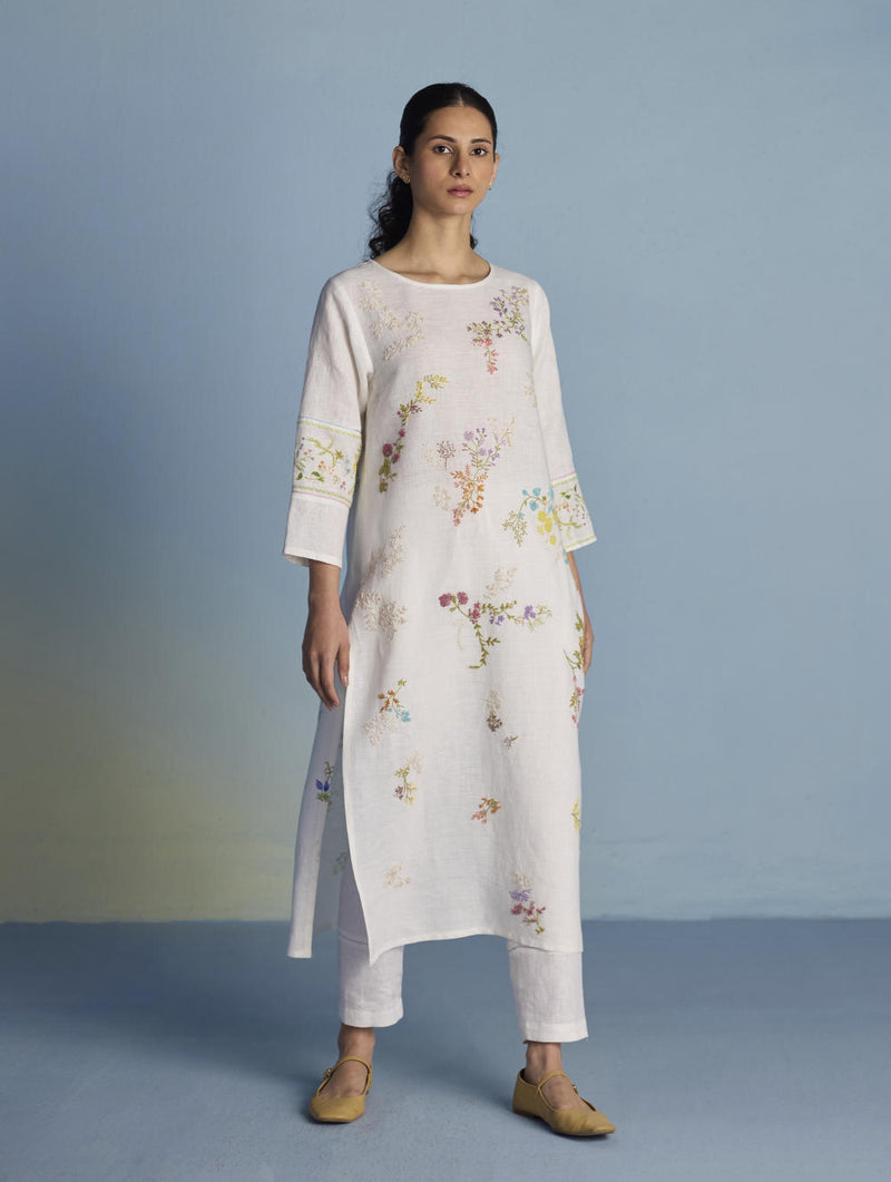 Emra Hand-Embroidered Linen Kurta - White linen by Manan in white color for women in Singapore