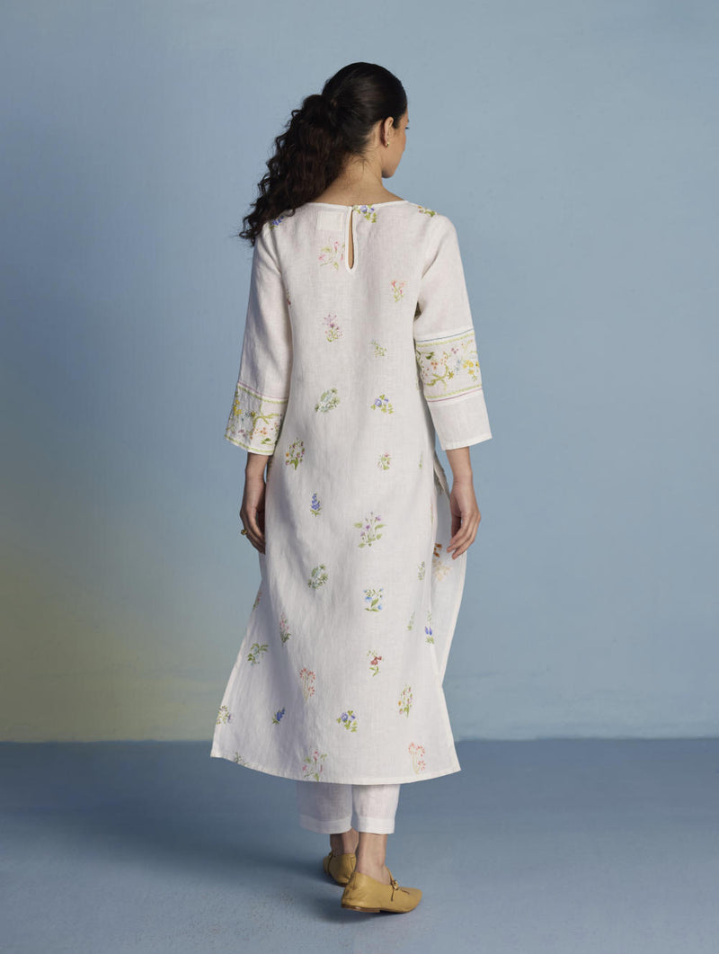 Emra Hand-Embroidered Linen Kurta - White linen by Manan in white color for women in Singapore