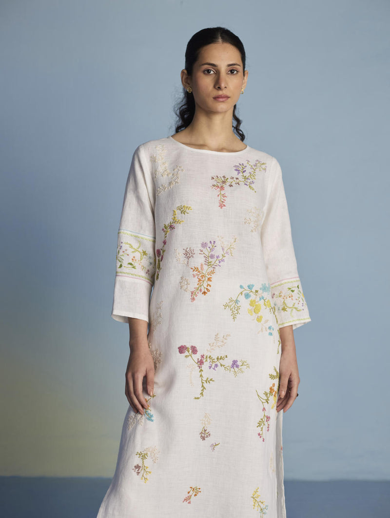 Emra Hand-Embroidered Linen Kurta Set - White linen by Manan in white color for women in Singapore