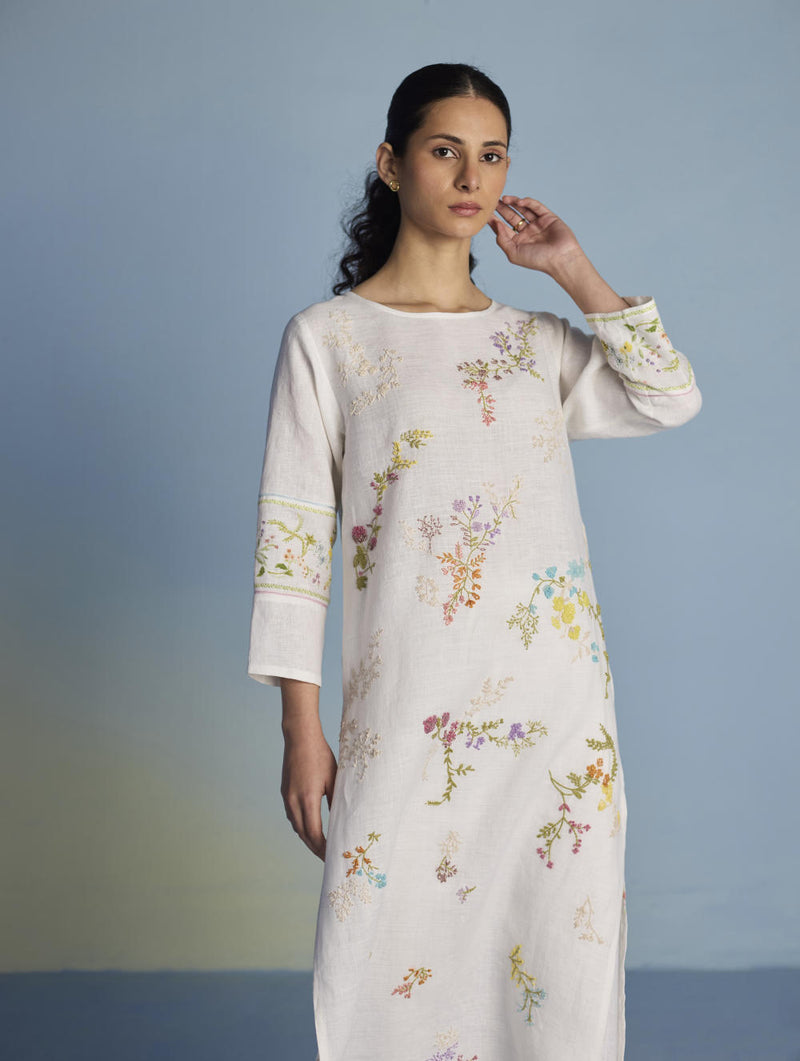 Emra Hand-Embroidered Linen Kurta Set - White linen by Manan in white color for women in Singapore