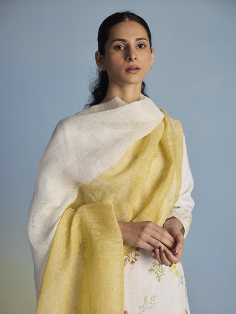 Emra Hand-Embroidered Linen Kurta Set - White linen by Manan in white color for women in Singapore