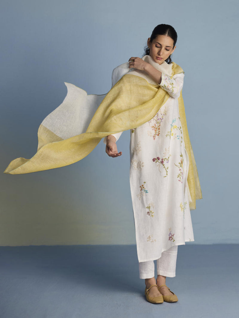 Emra Hand-Embroidered Linen Kurta Set - White linen by Manan in white color for women in Singapore