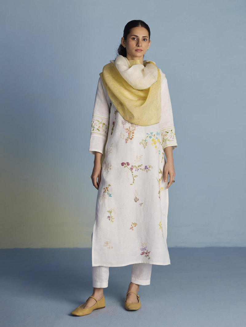 Emra Hand-Embroidered Linen Kurta Set - White linen by Manan in white color for women in Singapore