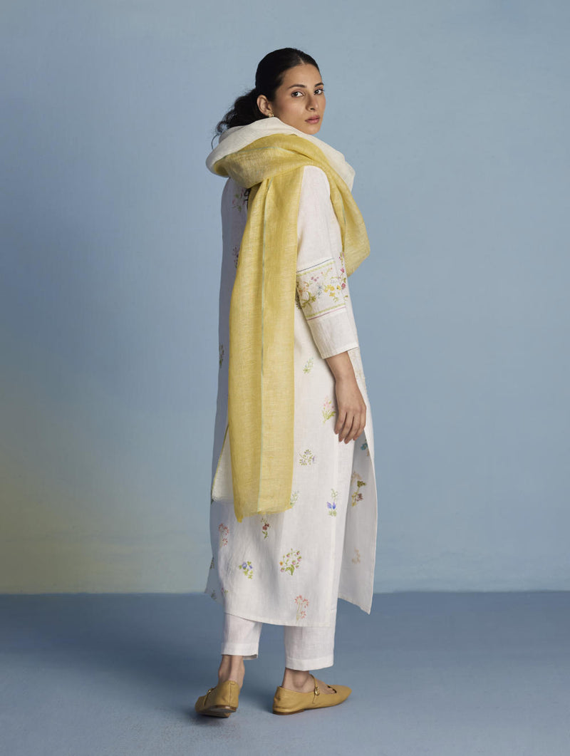 Emra Hand-Embroidered Linen Kurta Set - White linen by Manan in white color for women in Singapore