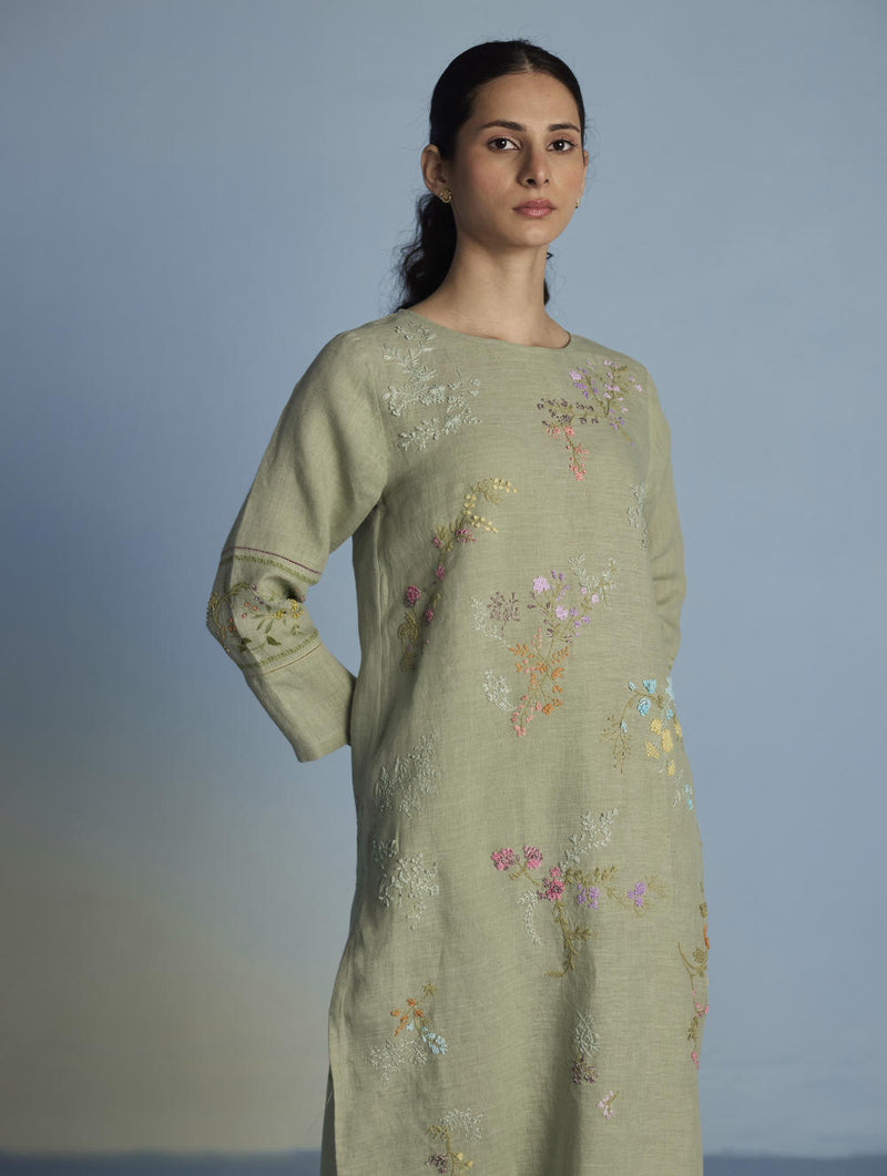 Emra Hand-Embroidered Linen Kurta - Mint linen by Manan in mint color for women in Singapore