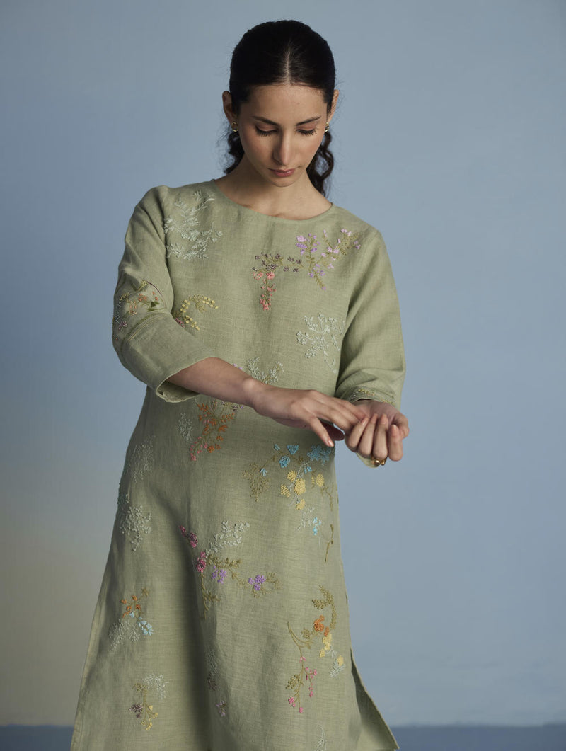 Emra Hand-Embroidered Linen Kurta Set - Mint linen by Manan in mint color for women in Singapore