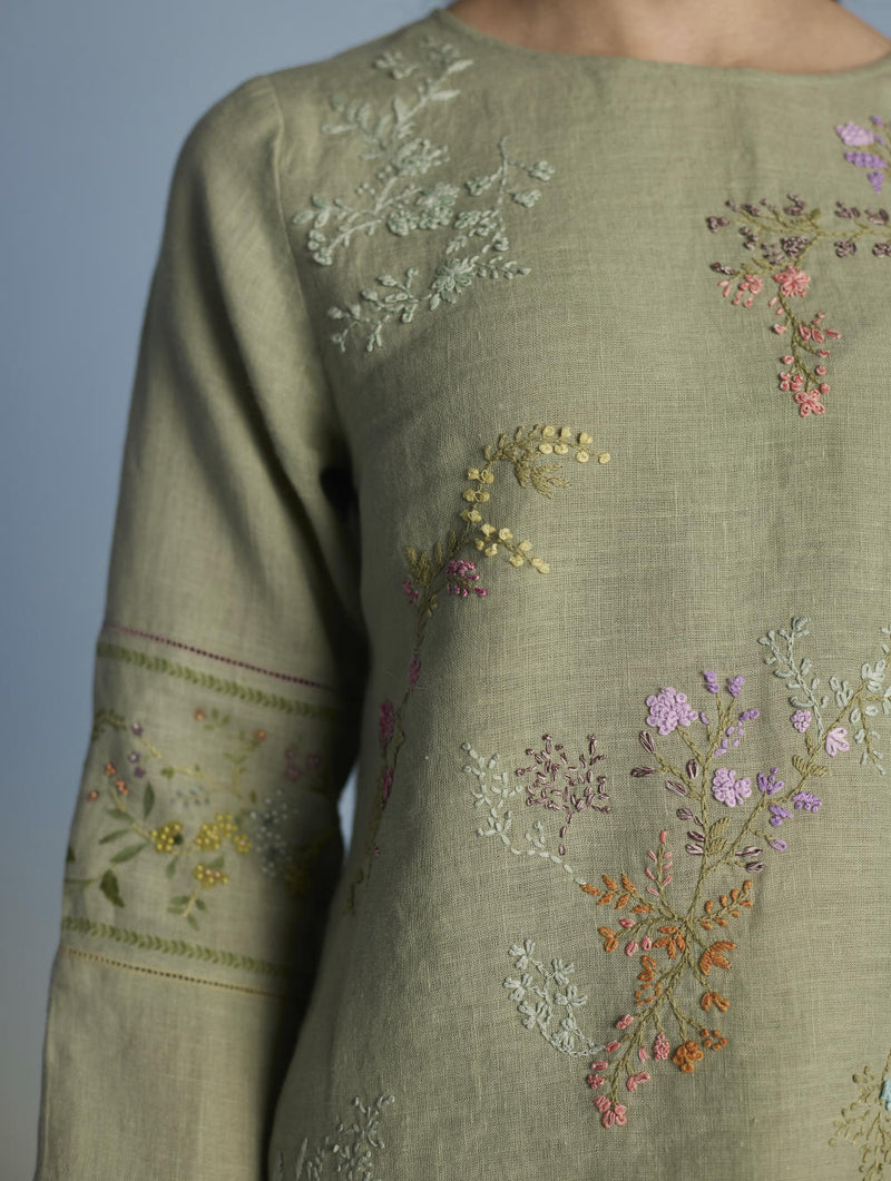 Emra Hand-Embroidered Linen Kurta Set - Mint linen by Manan in mint color for women in Singapore