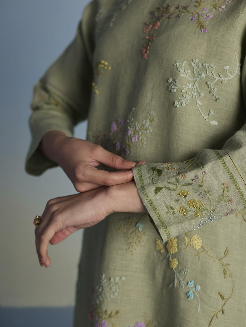 Emra Hand-Embroidered Linen Kurta Set - Mint linen by Manan in mint color for women in Singapore