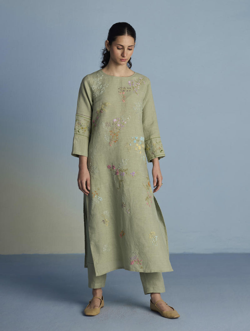 Emra Hand-Embroidered Linen Kurta Set - Mint linen by Manan in mint color for women in Singapore