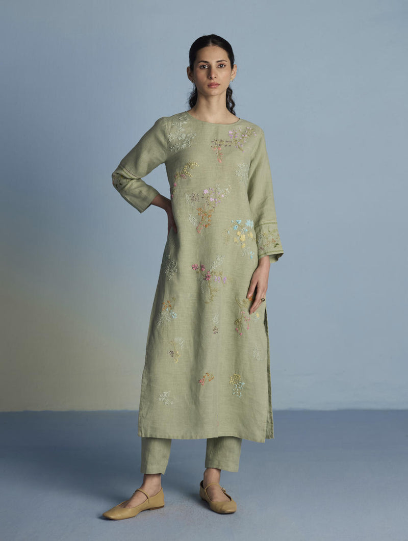 Emra Hand-Embroidered Linen Kurta Set - Mint linen by Manan in mint color for women in Singapore