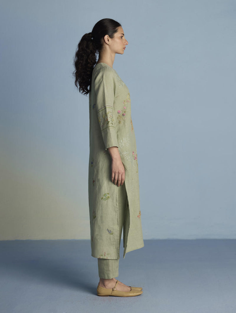 Emra Hand-Embroidered Linen Kurta Set - Mint linen by Manan in mint color for women in Singapore