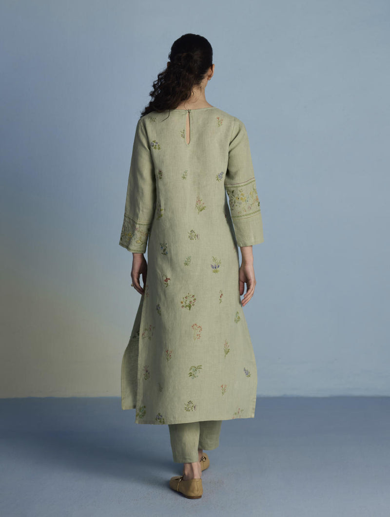 Emra Hand-Embroidered Linen Kurta - Mint linen by Manan in mint color for women in Singapore