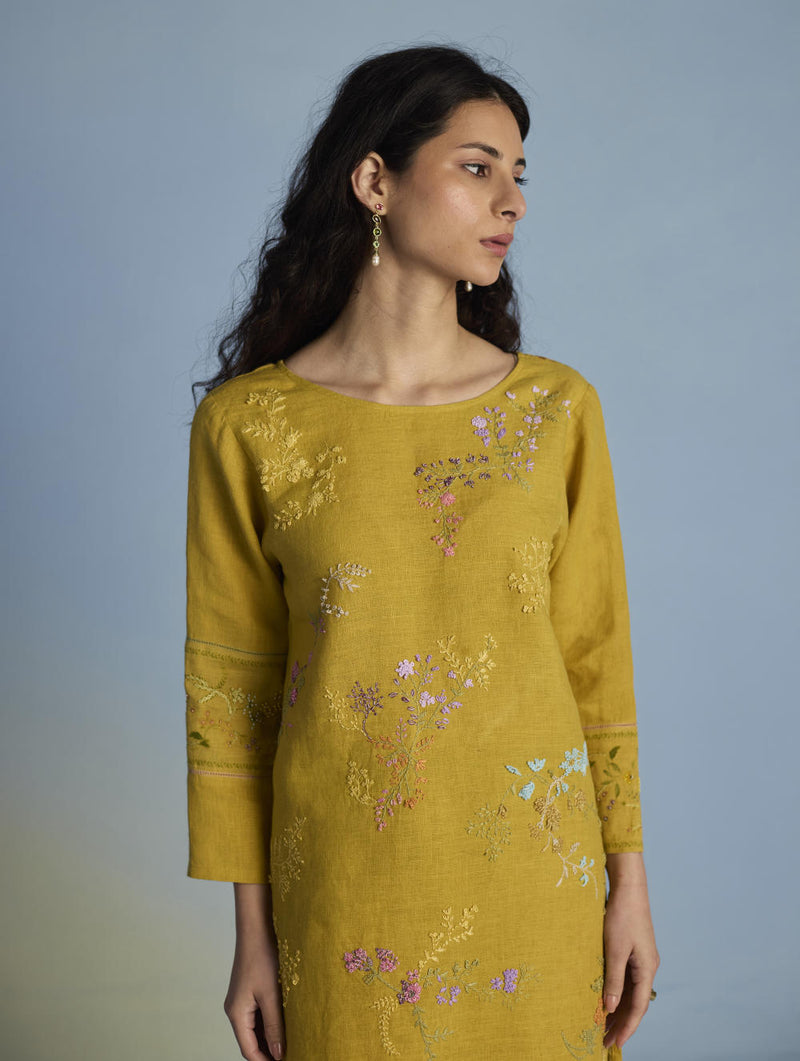 Emra Hand-Embroidered Linen Kurta - Mustard linen by Manan for women in Singapore
