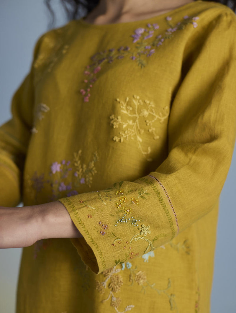 Emra Hand-Embroidered Linen Kurta - Mustard linen by Manan for women in Singapore