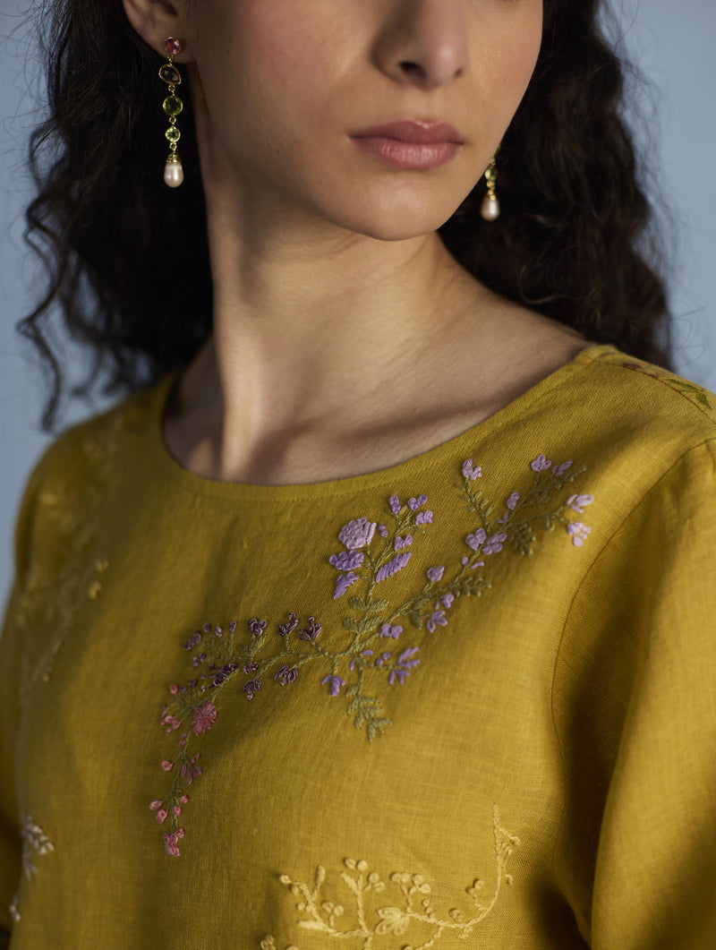 Emra Hand-Embroidered Linen Kurta - Mustard linen by Manan for women in Singapore
