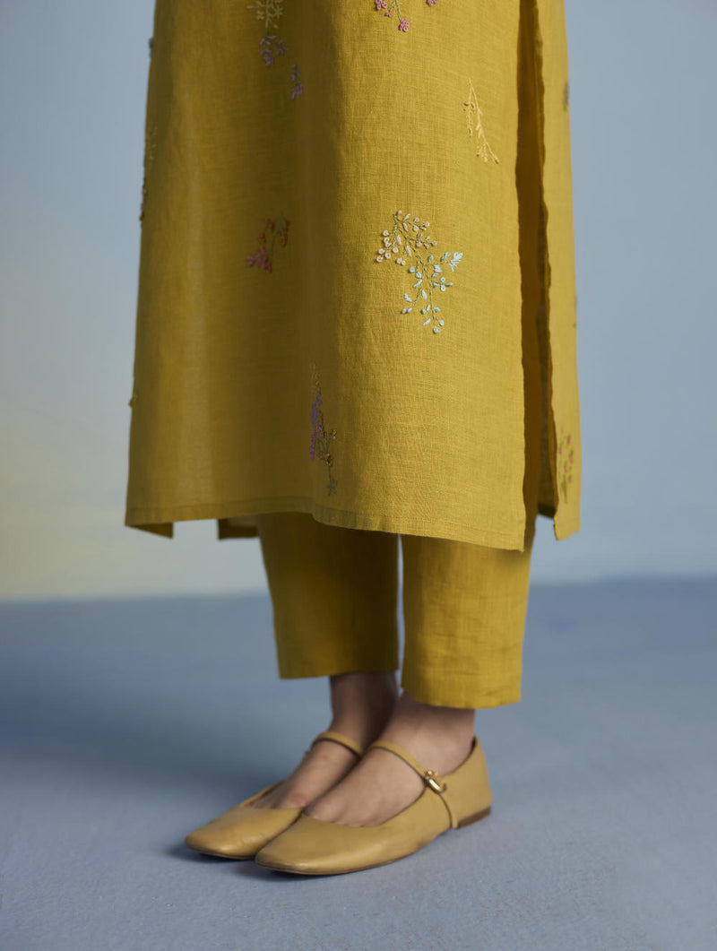 Emra Hand-Embroidered Linen Kurta - Mustard linen by Manan for women in Singapore