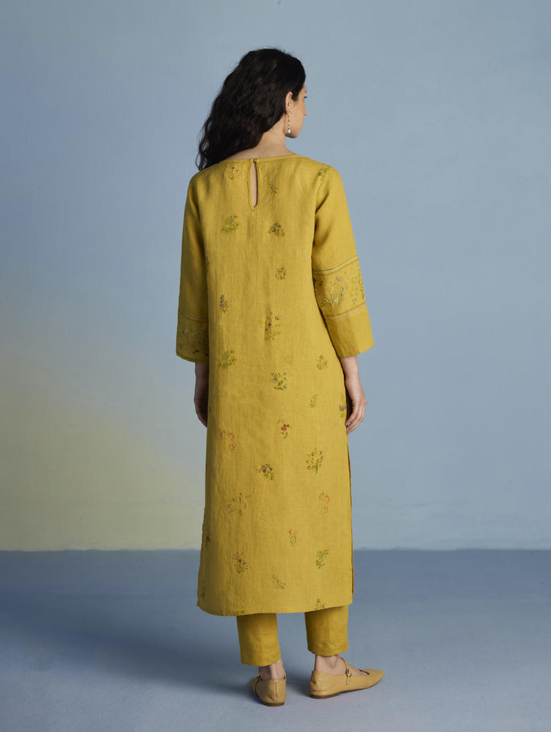 Emra Hand-Embroidered Linen Kurta - Mustard linen by Manan for women in Singapore
