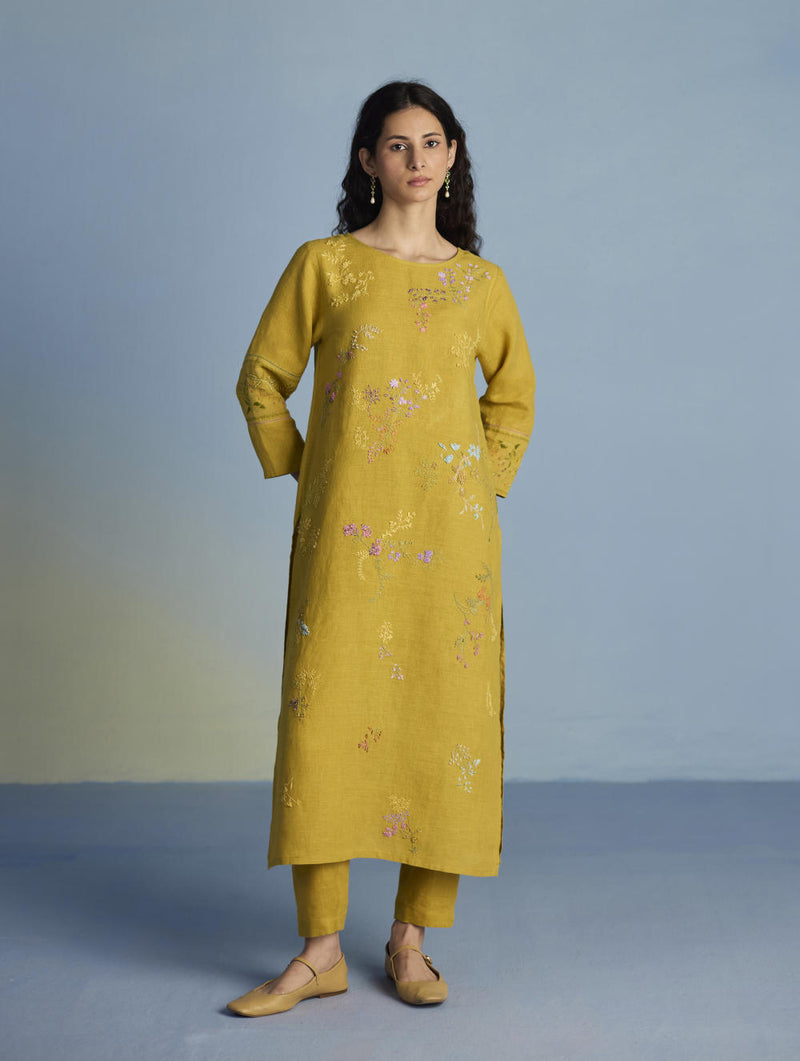 Emra Hand-Embroidered Linen Kurta Set - Ochre linen by Manan for women in Singapore