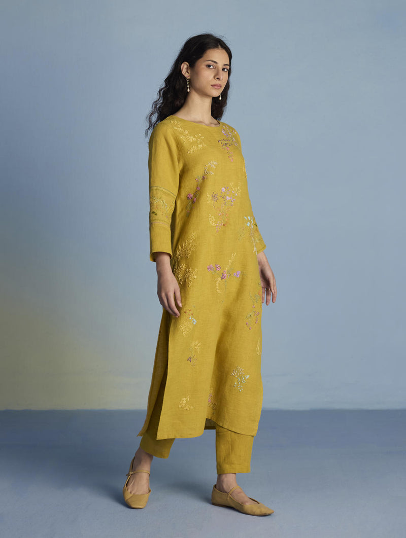 Emra Hand-Embroidered Linen Kurta Set - Ochre linen by Manan for women in Singapore
