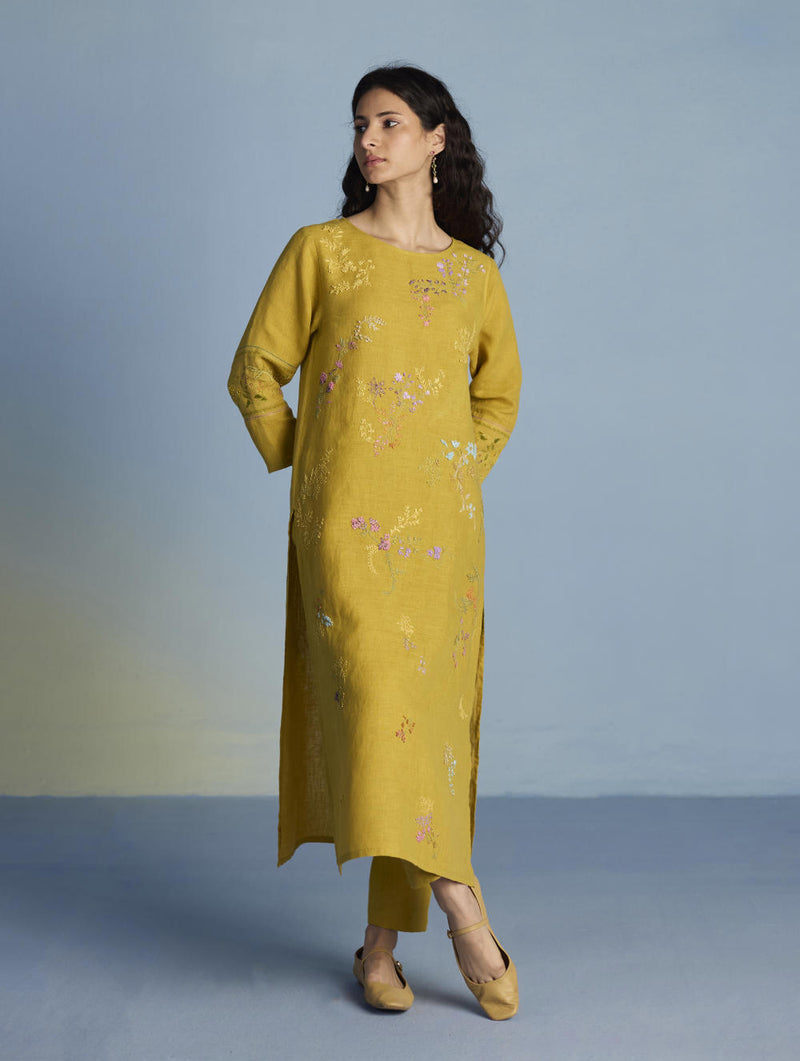 Emra Hand-Embroidered Linen Kurta Set - Ochre linen by Manan for women in Singapore