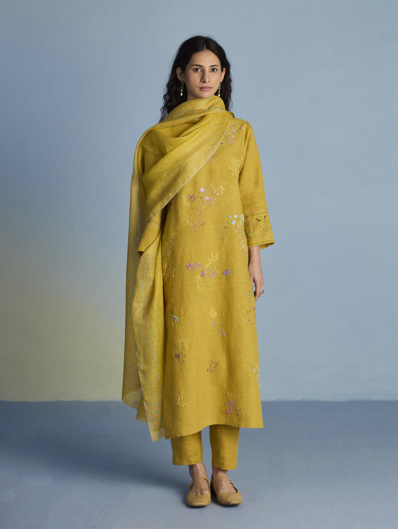 Emra Hand-Embroidered Linen Kurta Set - Ochre linen by Manan for women in Singapore