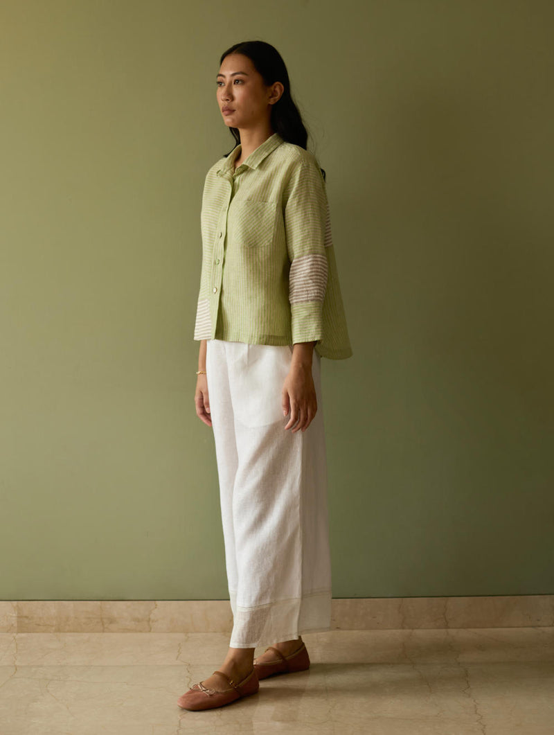 Tia Stripe Linen Cropped Shirt-Meadow linen by Manan in green color for women in Singapore