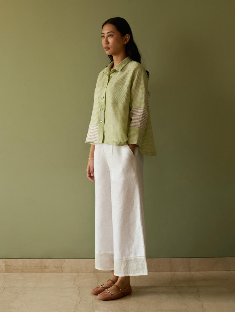 Tia Stripe Linen Cropped Shirt-Meadow linen by Manan in green color for women in Singapore