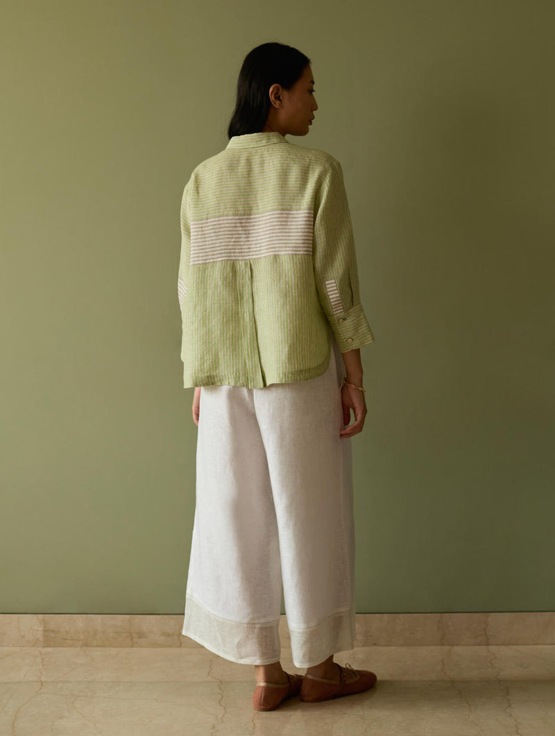 Tia Stripe Linen Cropped Shirt-Meadow linen by Manan in green color for women in Singapore