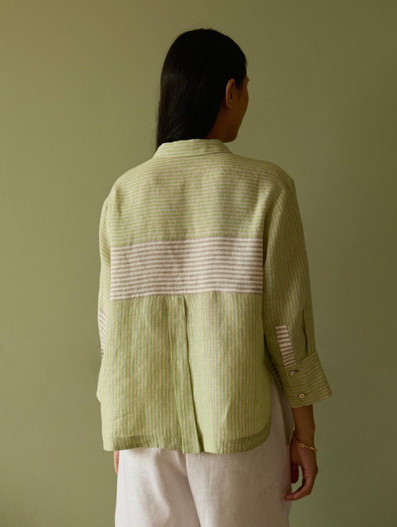 Tia Stripe Linen Cropped Shirt-Meadow linen by Manan in green color for women in Singapore