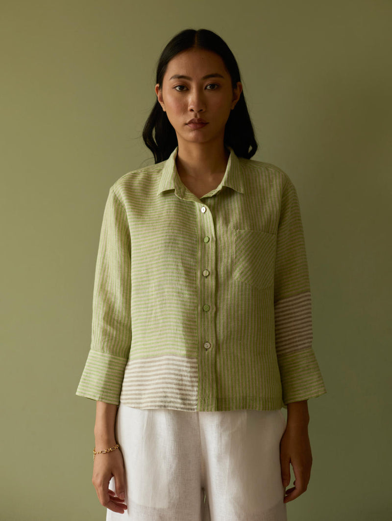 Tia Stripe Linen Cropped Shirt-Meadow linen by Manan in green color for women in Singapore