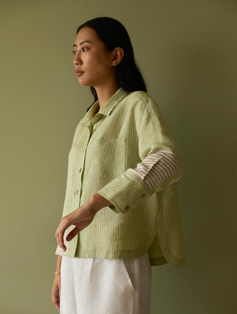 Tia Stripe Linen Cropped Shirt-Meadow linen by Manan in green color for women in Singapore