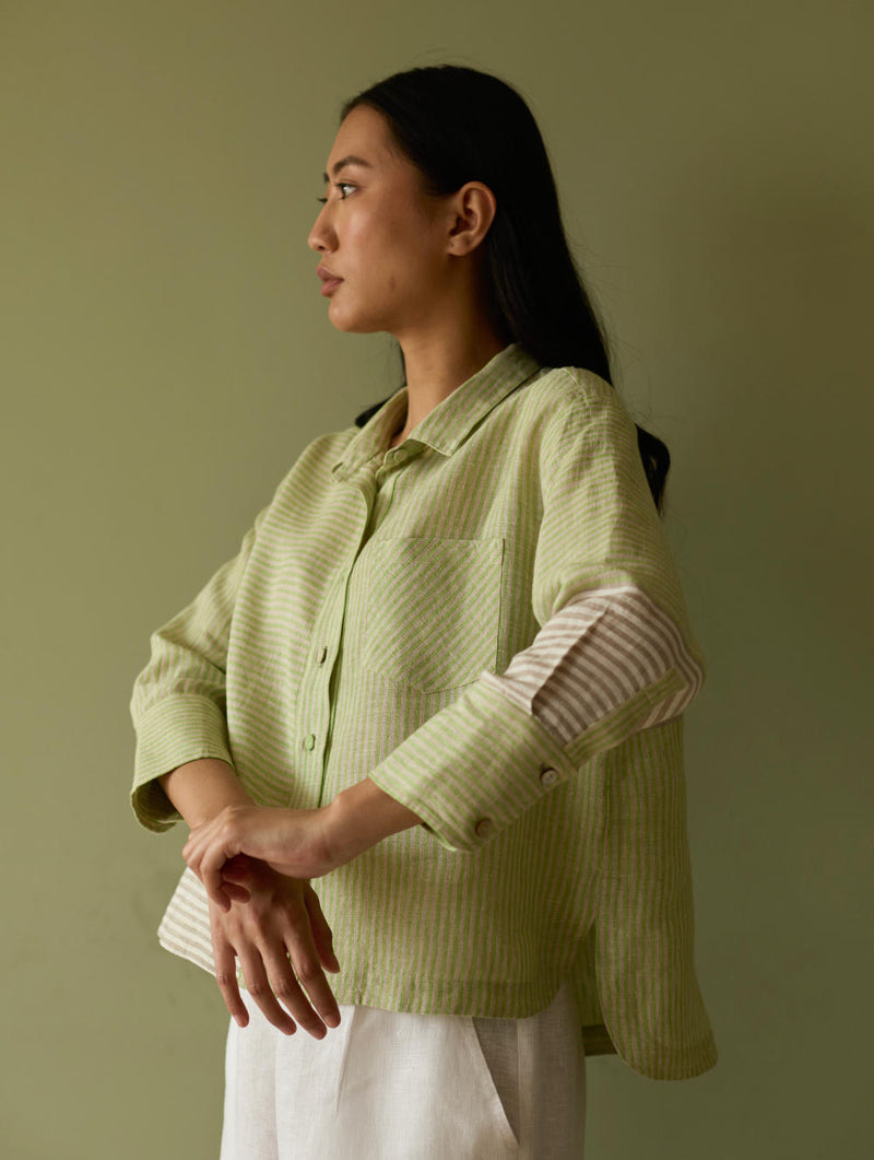 Tia Stripe Linen Cropped Shirt-Meadow linen by Manan in green color for women in Singapore