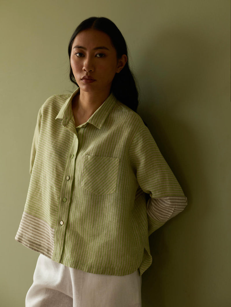 Tia Stripe Linen Cropped Shirt-Meadow linen by Manan in green color for women in Singapore