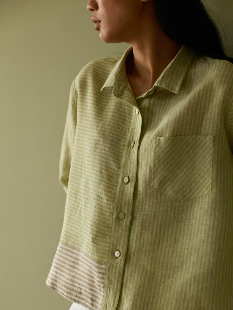 Tia Stripe Linen Cropped Shirt-Meadow linen by Manan in green color for women in Singapore