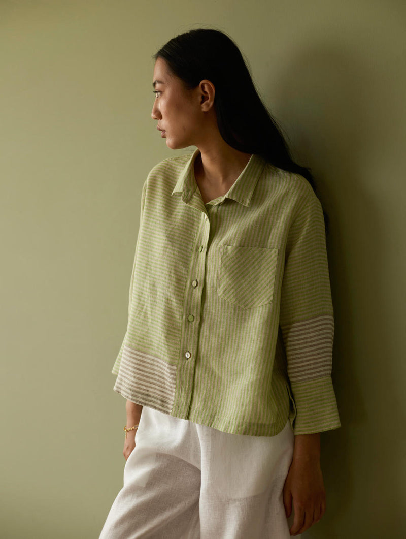 Tia Stripe Linen Cropped Shirt-Meadow linen by Manan in green color for women in Singapore