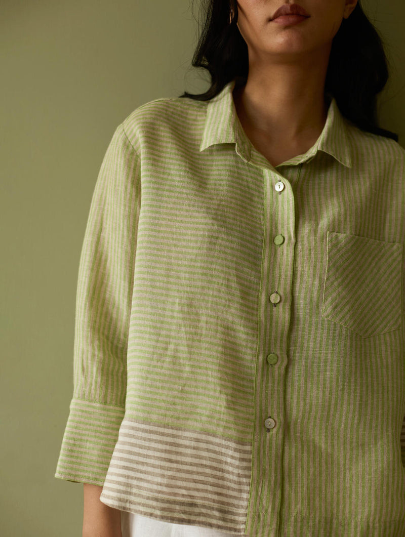Tia Stripe Linen Cropped Shirt-Meadow linen by Manan in green color for women in Singapore