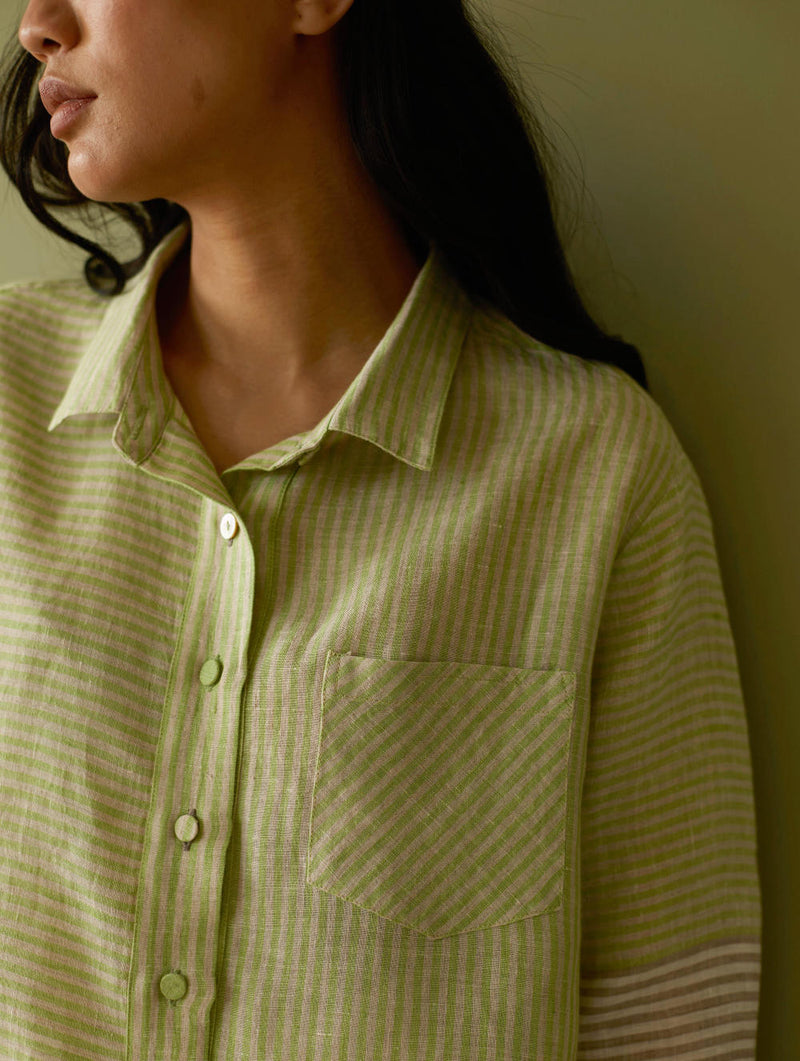 Tia Stripe Linen Cropped Shirt-Meadow linen by Manan in green color for women in Singapore