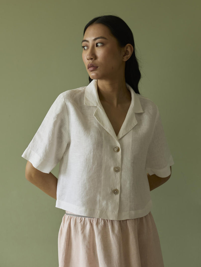 Kiera Cuban Collar Linen Shirt-Ivory linen by Manan in ivory color for women in Singapore