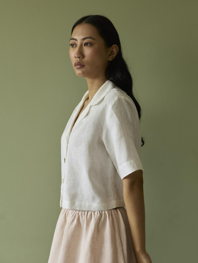 Kiera Cuban Collar Linen Shirt-Ivory linen by Manan in ivory color for women in Singapore