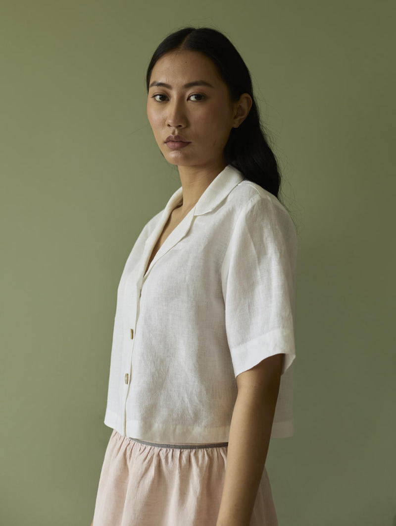 Kiera Cuban Collar Linen Shirt-Ivory linen by Manan in ivory color for women in Singapore