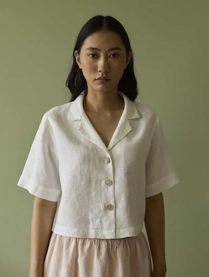 Kiera Cuban Collar Linen Shirt-Ivory linen by Manan in ivory color for women in Singapore