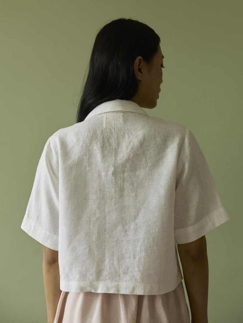 Kiera Cuban Collar Linen Shirt-Ivory linen by Manan in ivory color for women in Singapore