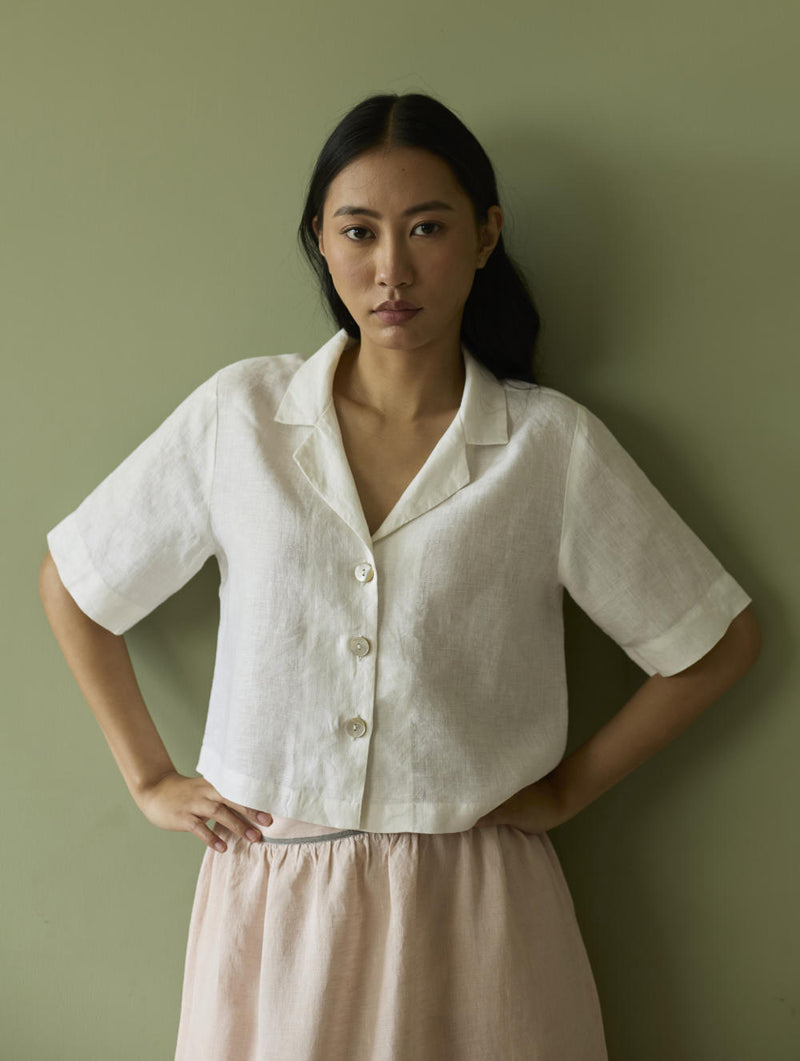 Kiera Cuban Collar Linen Shirt-Ivory linen by Manan in ivory color for women in Singapore