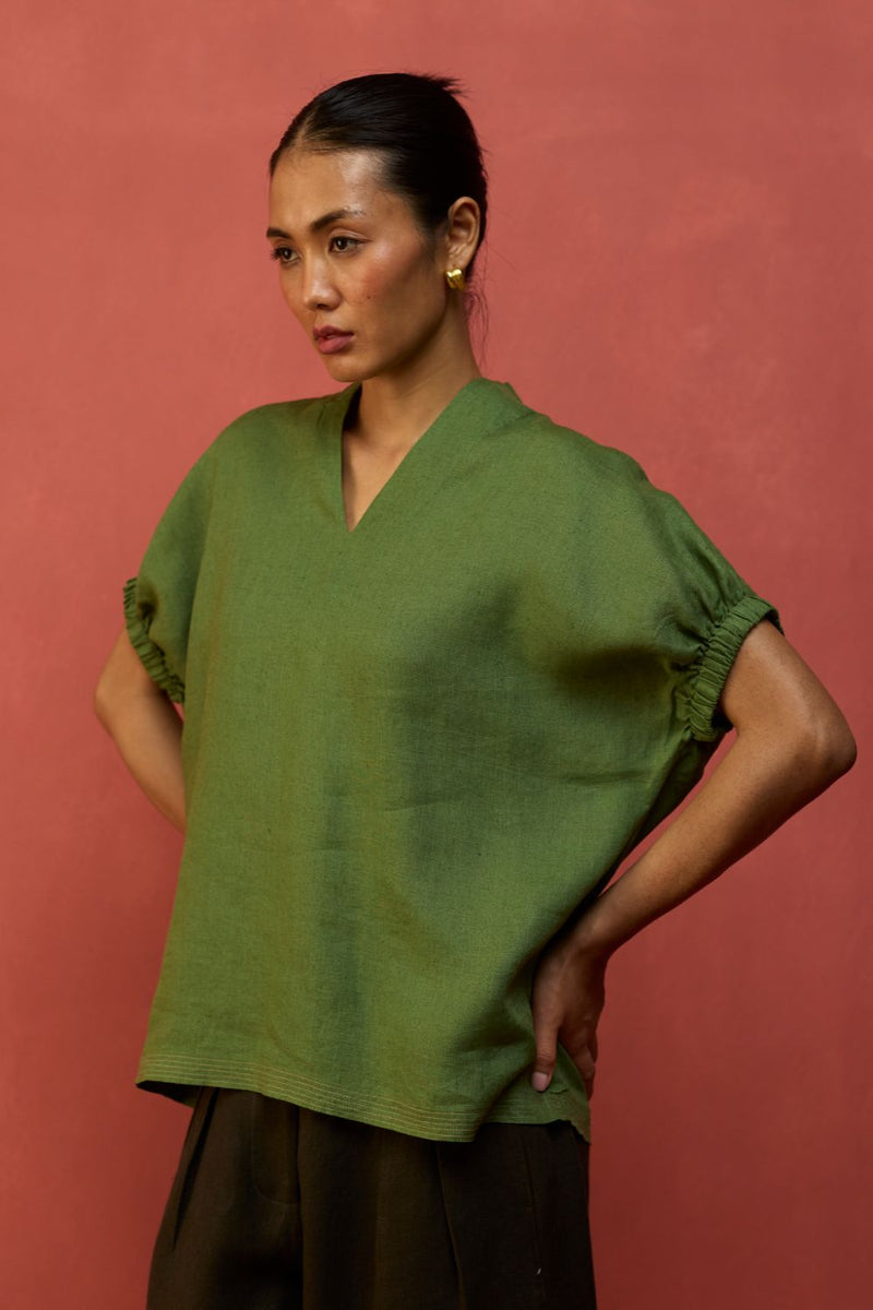 Hoshi Linen Top - Fern Green by Manan for in Singapore